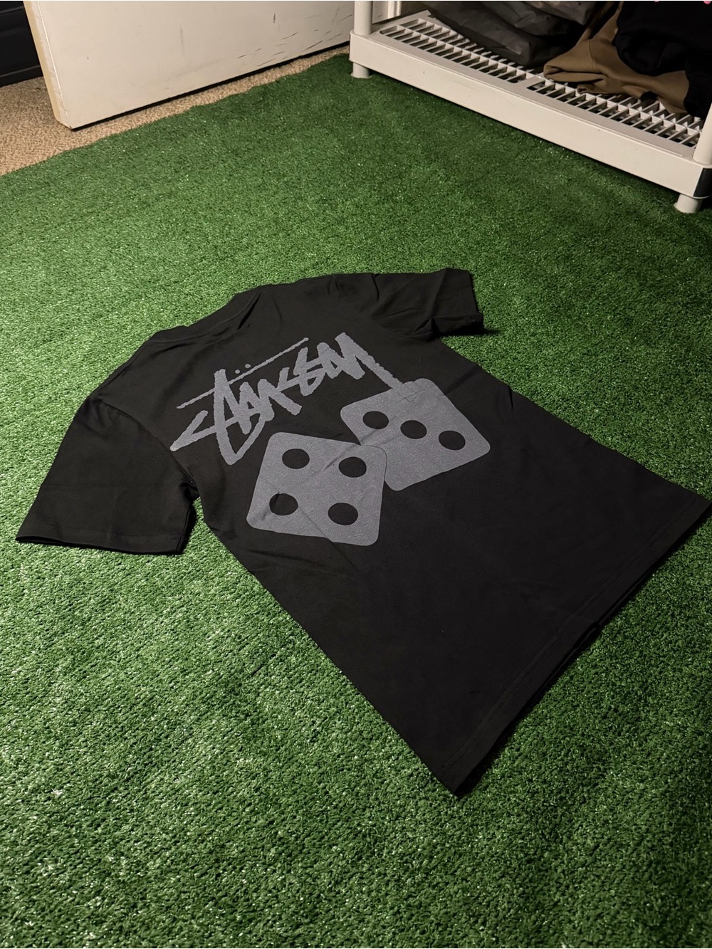 Stussy Black Tee with Gray Dice Graphic